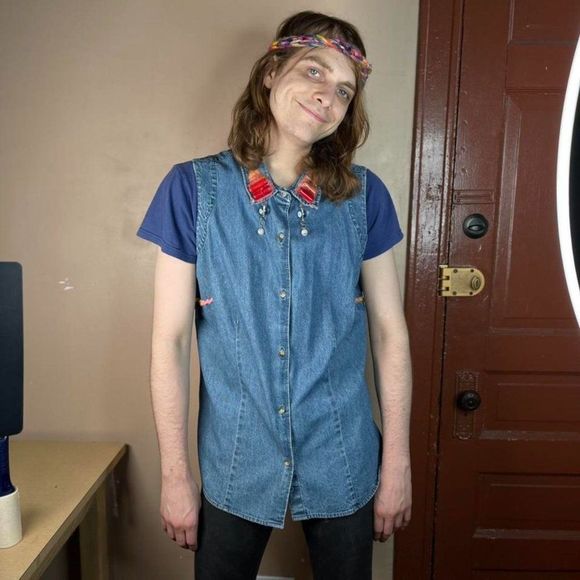 Vintage Denim Vest Crystal Beads Embroidery Extra Large Jacket - Picture 4 of 4